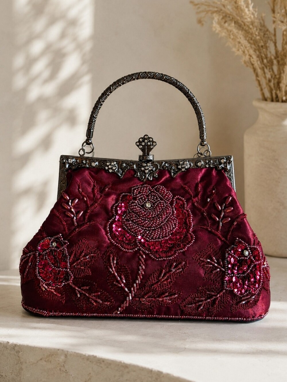 Elegant Burgundy Beaded Floral Evening Handbag